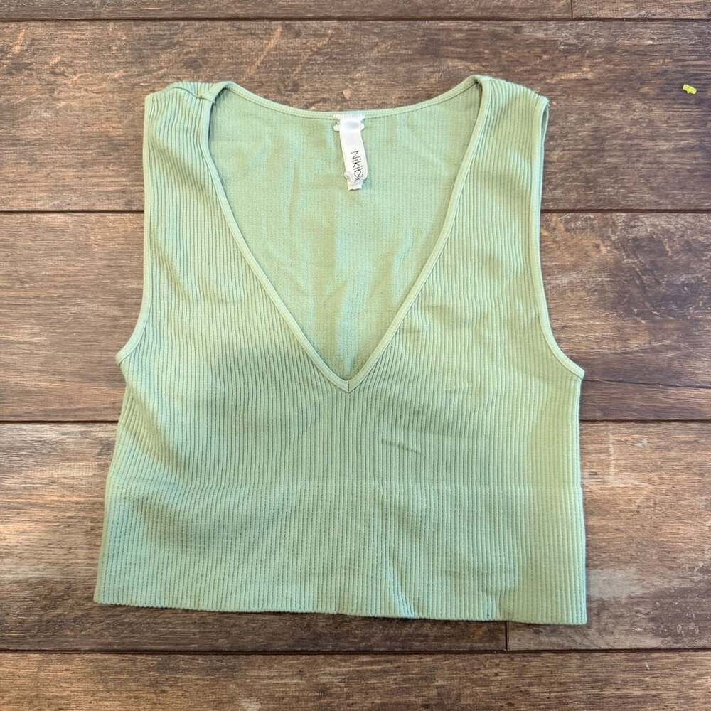 Nikibiki Ribbed V-Neck Crop Tank Top Green, Size S
